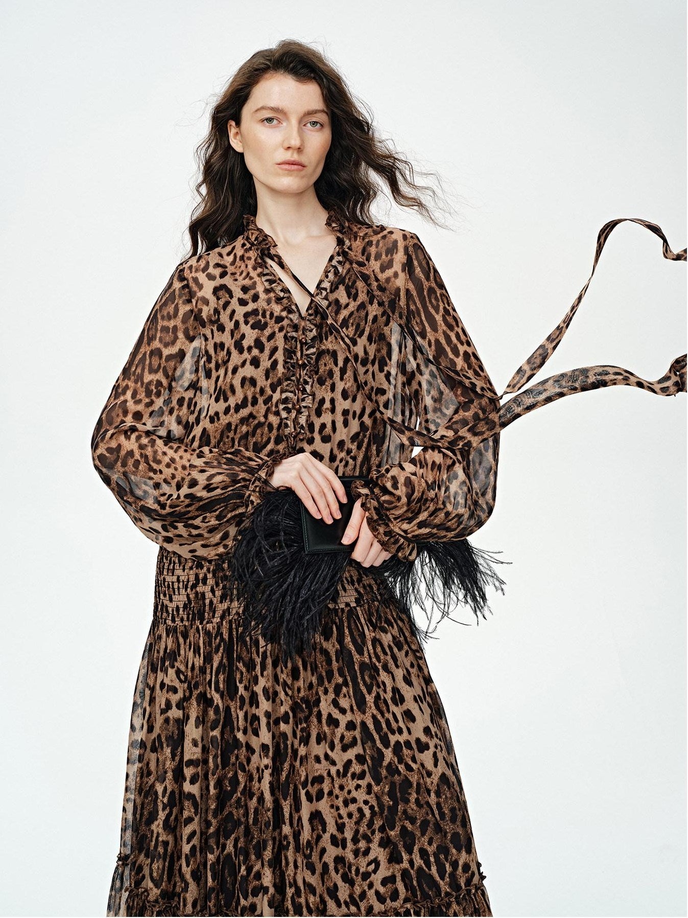 audreyyang Silk Blend Leopard Print A Line Fitted Waist Long Sleeve Vacation Maxi Dresses
