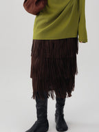 audreyyang Hand Pleated Crinkle Tassel Mid Waist Straight Lined Polyester Midi Skirts