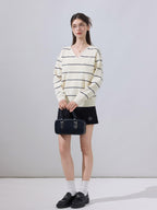 ikyou Soft Relaxed Striped V-neck Casual Women Viscose Blend Long Sleeve Sweaters