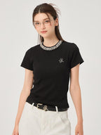 ikyou Durable Cotton Blend Slim Fit Short Sleeve Crewneck Women Black Basic Crop Tops