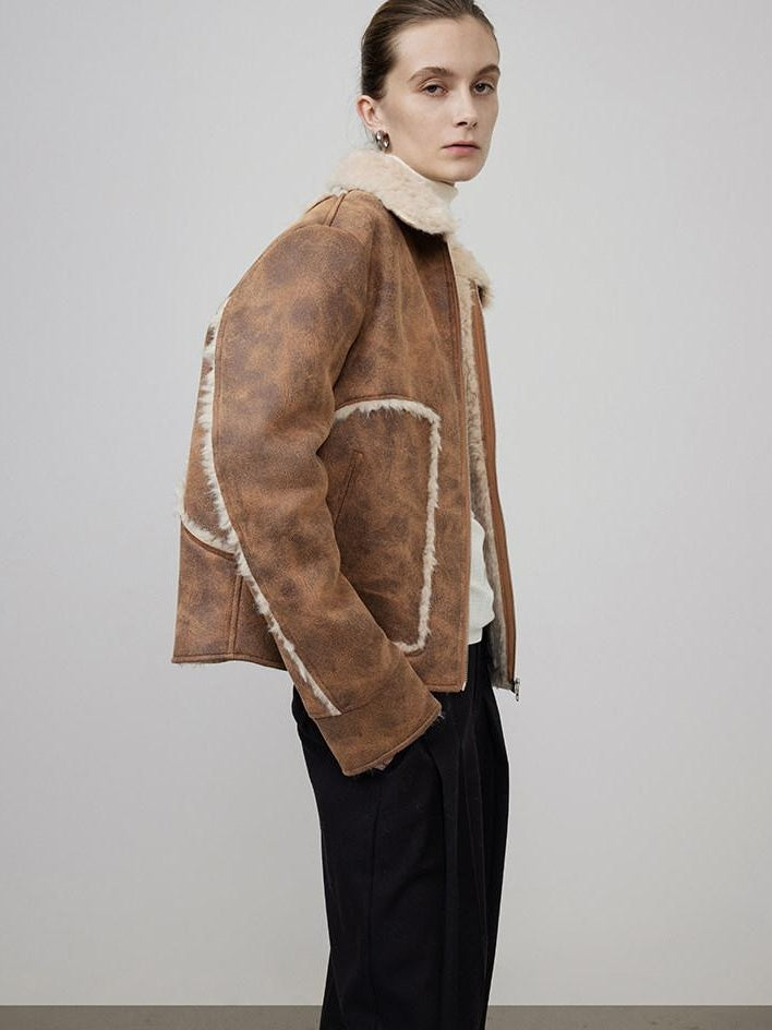 unspoken Faux Fur Lined Oversized Zip Pocket Barn Style Women Khaki Leather Jackets