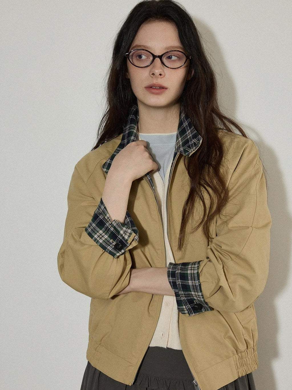 Lofi choose Pure Cotton Office Loose Raglan Zipper Plaid Women Khaki Cropped Jackets