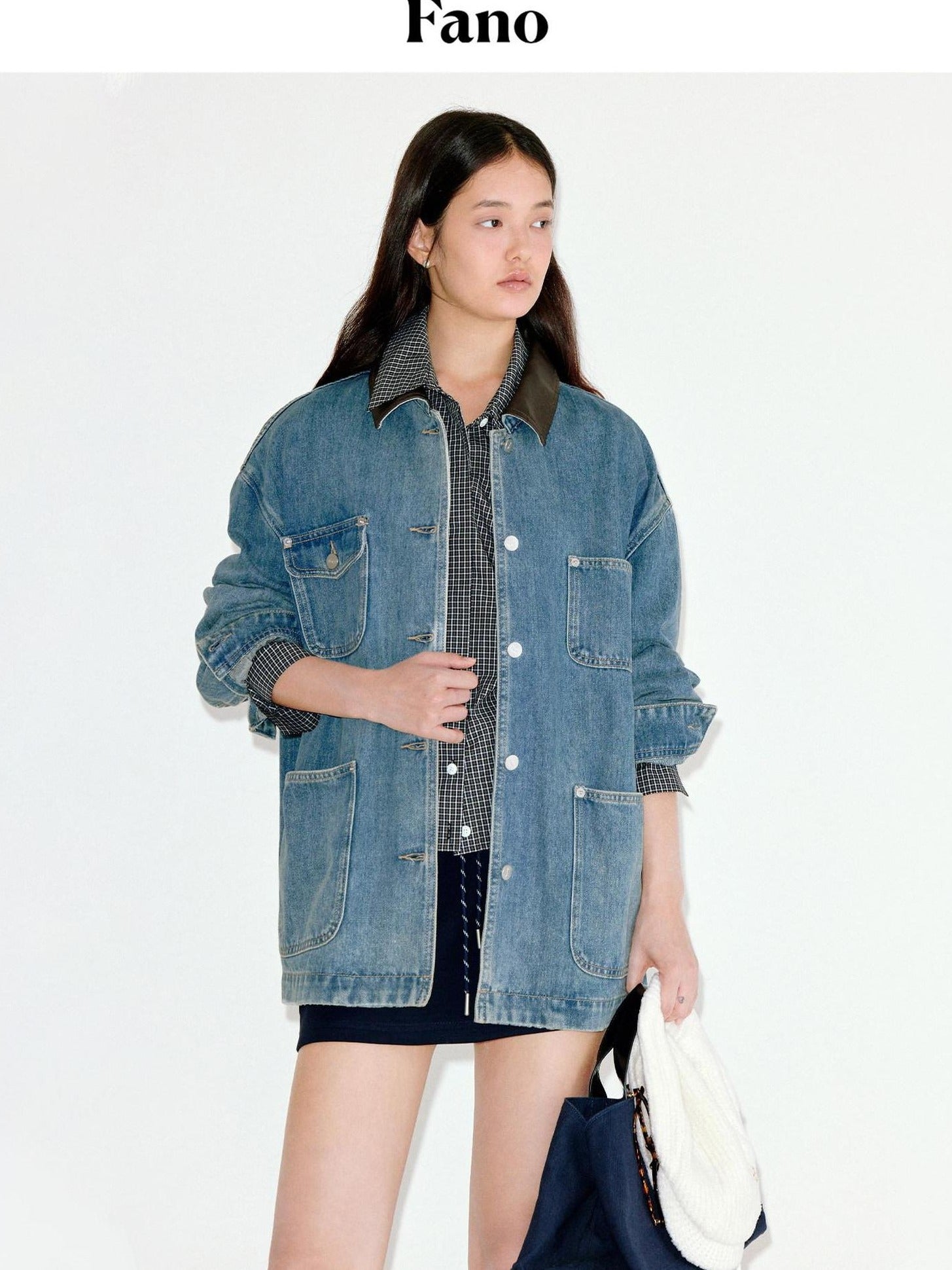 fano Patchwork Washed Blue Loose Fit Casual Cotton Women Button Front Denim Jackets