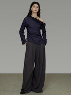unspoken Warm Slanted Collar Loose Fit Long Sleeve Office Dark Blue Polyester Blouses