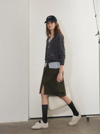 Lofi choose High Waist Cotton Slit H Line Loose Office Women Seaweed Green Midi Skirts