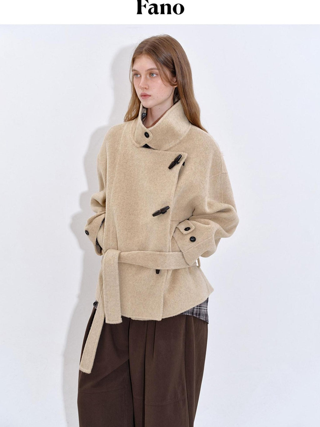 fano Wool Blend Korean Commuter Relaxed Fit Notched Collar Light Grey Short Coat