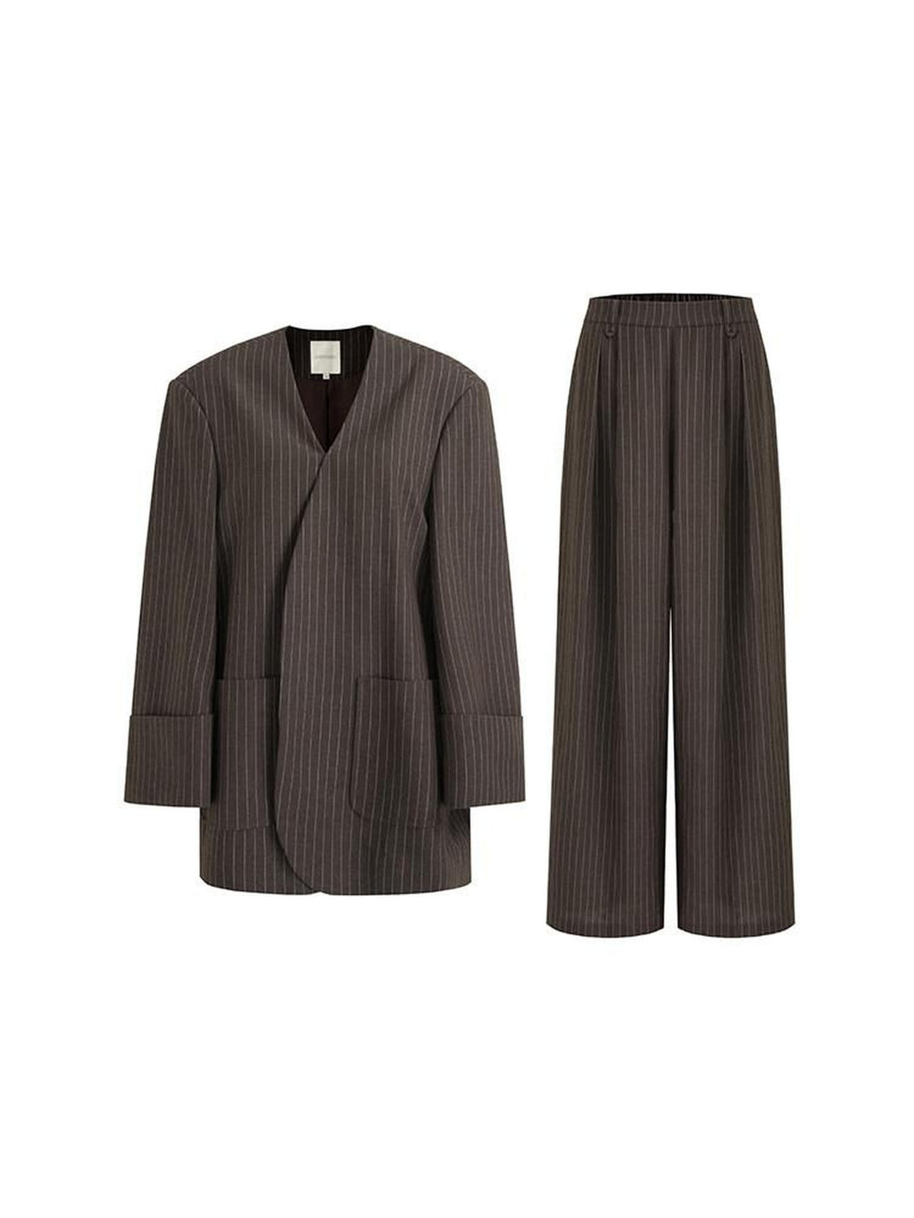 unspoken Minimalist V-neck Long Sleeve Tailored Brown Polyester Women Top & Pants Sets