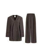 unspoken Minimalist V-neck Long Sleeve Tailored Brown Polyester Women Top & Pants Sets