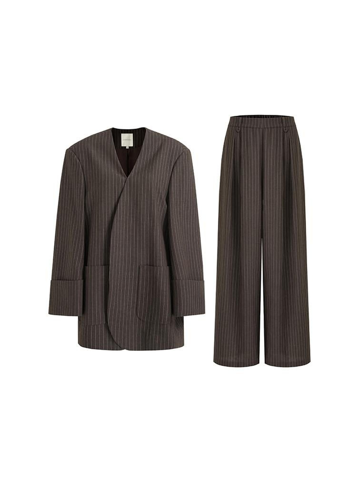 unspoken Minimalist V-neck Long Sleeve Tailored Brown Polyester Women Top & Pants Sets