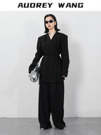 audreyyang Pleated Double Breasted Oversized V-neck Mid Length Women Workwear Blazers
