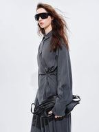 audreyyang Striped Relaxed Lapel Button Long Sleeve Casual Women Polyester Top & Pants Sets
