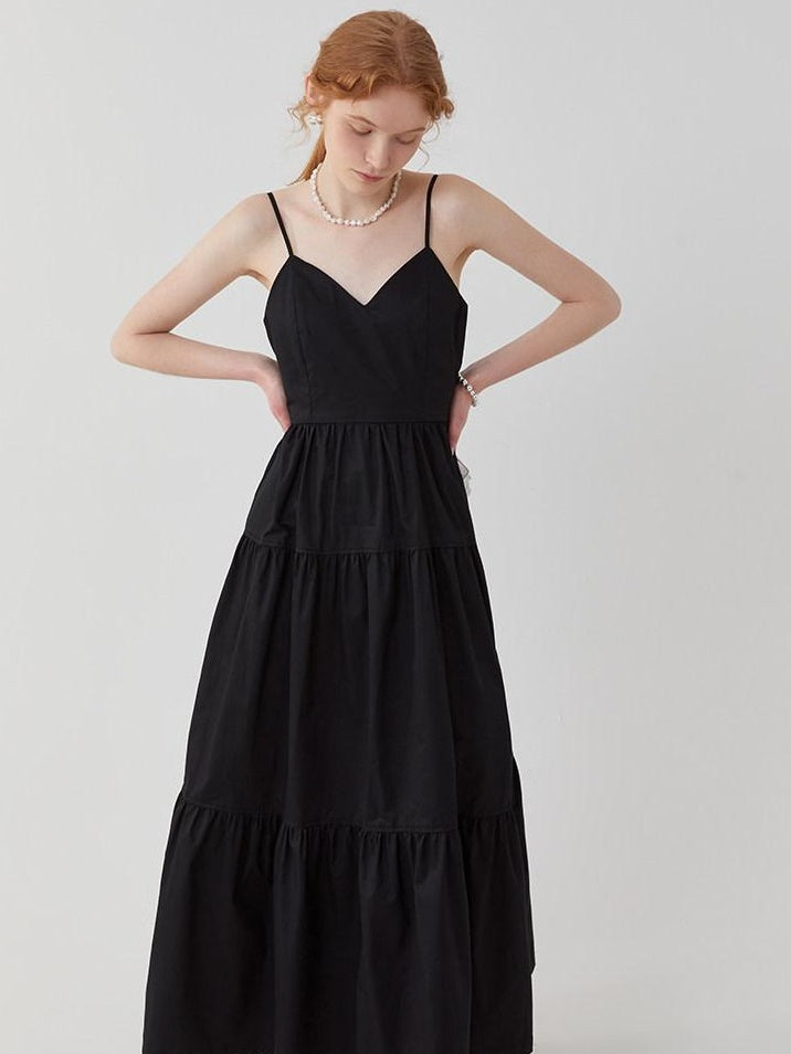 fano High Waist Pleated Minimalist V-neck Sleeveless A Line Cotton Casual Maxi Dresses