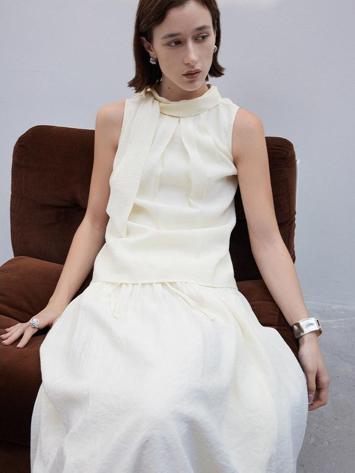 someone sometimes Original Slim Tie Detail Stand Collar Sleeveless Cream Pullover Top & Skirt Sets