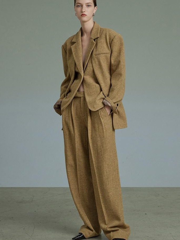 unspoken Wool Single Button Notched Lapel Loose Fit Rice Yellow Young Women Blazers
