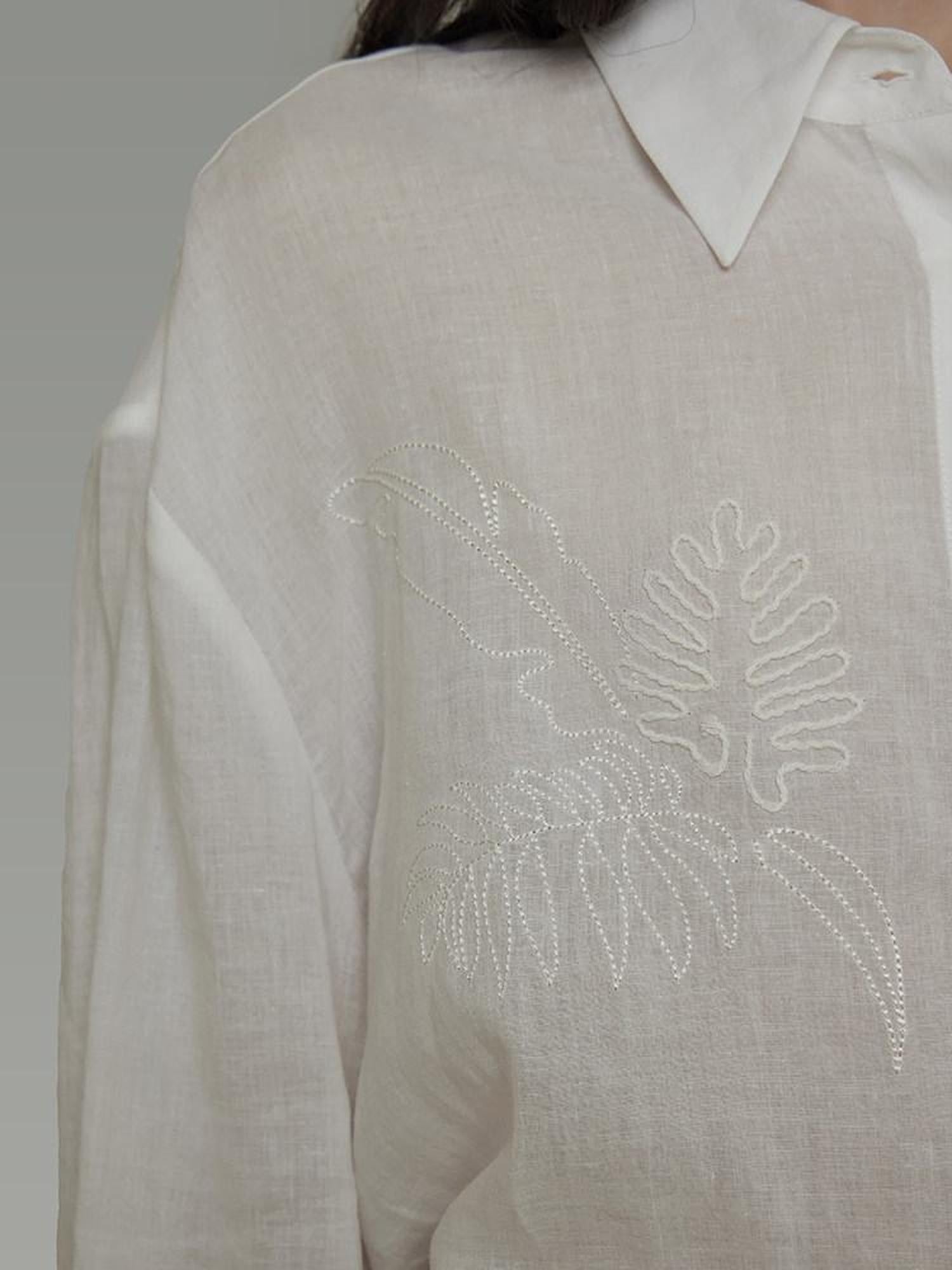 unspoken Breathable Embroidered Loose Polo Women Ramie Lyocell White Button Shirts