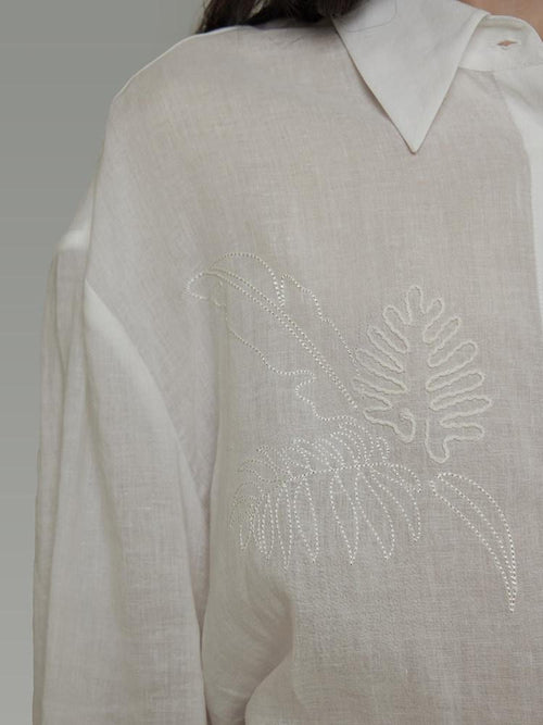 unspoken Breathable Embroidered Loose Polo Women Ramie Lyocell White Button Shirts
