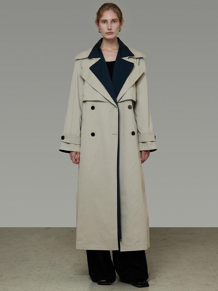 unspoken Minimalist Double Breasted Long Straight Workwear Beige Navy Trench Coats