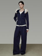 unspoken Warm Slim Fit Zip Hooded Cardigan High Waist Commuter Polyester Navy Lounge Sets