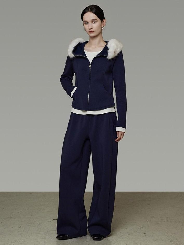 unspoken Warm Slim Fit Zip Hooded Cardigan High Waist Commuter Polyester Navy Lounge Sets