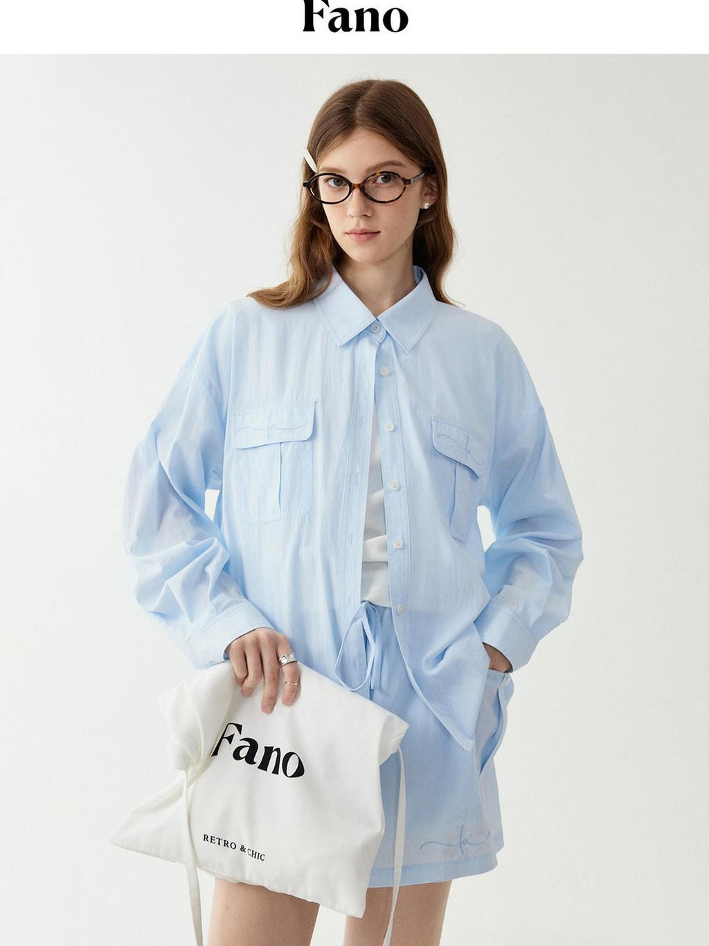 fano Breathable Lyocell Korean Oversized Collared Long Sleeve Women Blue Shirts