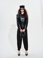 audreyyang Belted Lambskin Slim Fit Short Lapel Long Sleeve Black Genuine Leather Jackets