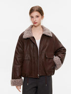ikyou Thick Pu Leather Embroidered Zip Pocket Oversized Korean Brown Cropped Jackets