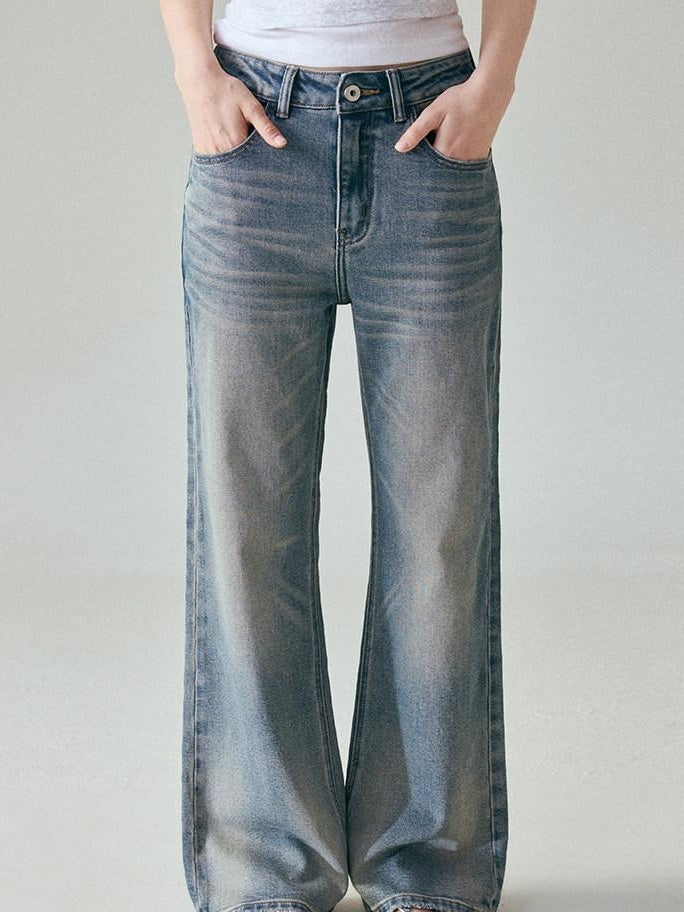 fano Vintage Blue Green Micro Stretch Natural Waist Relaxed Casual Straight Leg Jeans