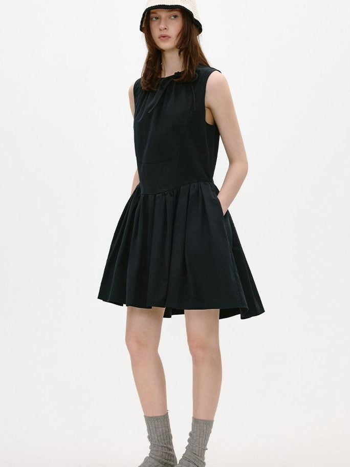 fano Sleeveless Korean Workwear A Line Natural Waist Cotton Blend Black Midi Dresses