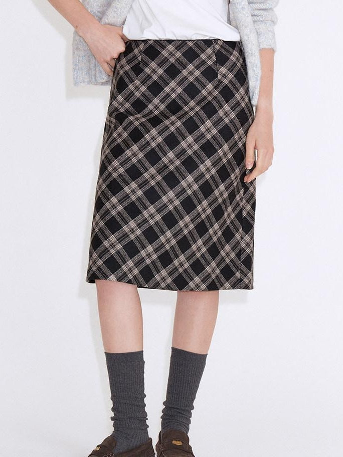 fano Cozy High Waist Wool Blend Plaid H Line Casual Women Midi Skirts