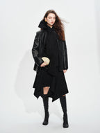 audreyyang Elegant Asymmetric Irregular Hem Mid Waist Front Zipper Black Midi Skirts