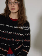 Lofi choose Stretch Animal Print Loose Casual Long Sleeve Crew Neck Women Black Cardigans