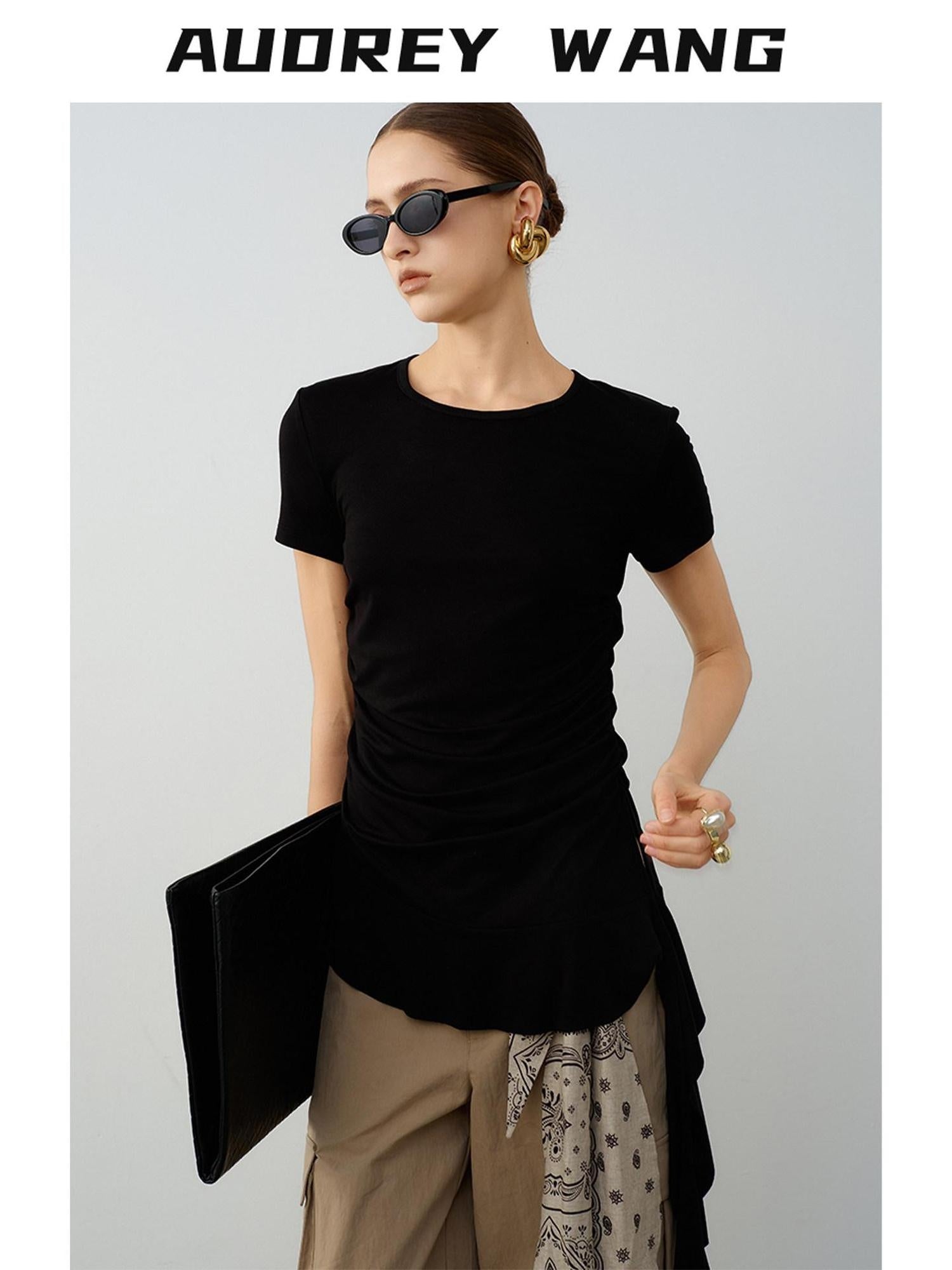 audreyyang Modal Cotton Ruched Commuter Slim Round Neck Womens Black Short Sleeve T-Shirts