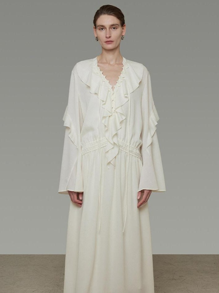 unspoken Breathable Minimal Ruffle Long Sleeve Loose H Fit Women Polyester Maxi Dresses