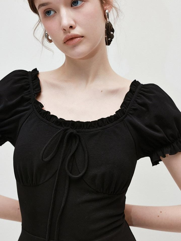 fano Structured High Waist A Line Square Neck Cotton Short Sleeve Black Maxi Dresses
