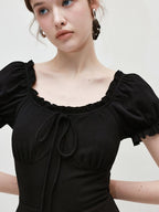 fano Structured High Waist A Line Square Neck Cotton Short Sleeve Black Maxi Dresses