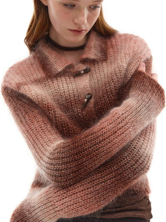 someone sometimes Soft Mohair Blend Lapel Collar Button Front Women Pink Brown Gradient Cardigans