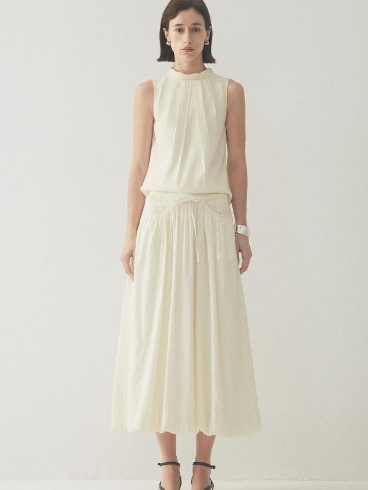 someone sometimes Original Slim Tie Detail Stand Collar Sleeveless Cream Pullover Top & Skirt Sets