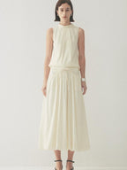 someone sometimes Original Slim Tie Detail Stand Collar Sleeveless Cream Pullover Top & Skirt Sets