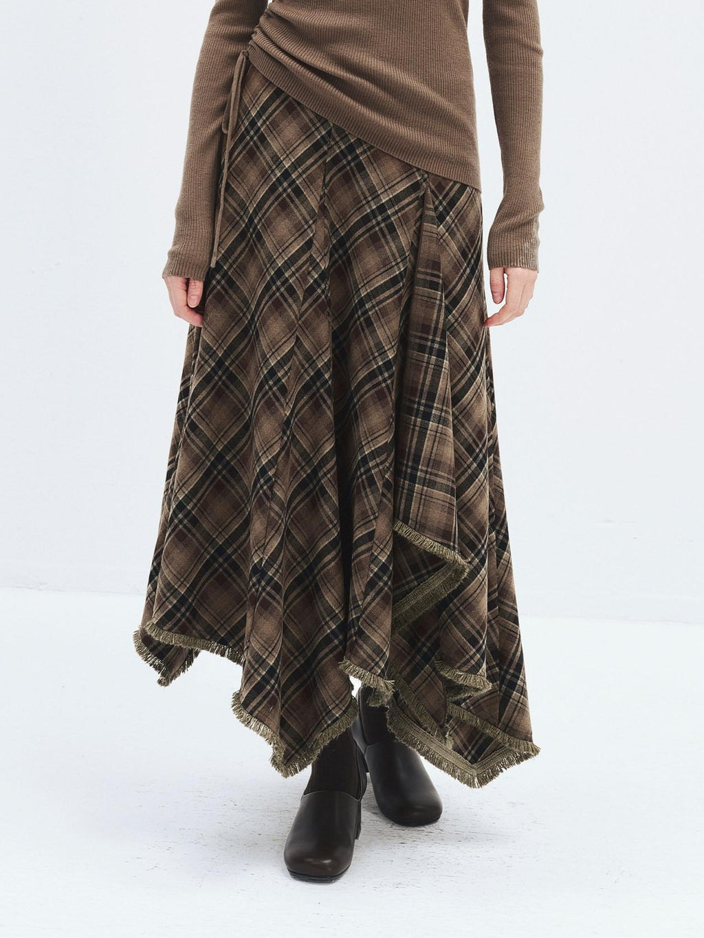 someonesometimes High Waist Vintage Irregular Hem Loose Fit Olive Check Casual Women Maxi Skirts