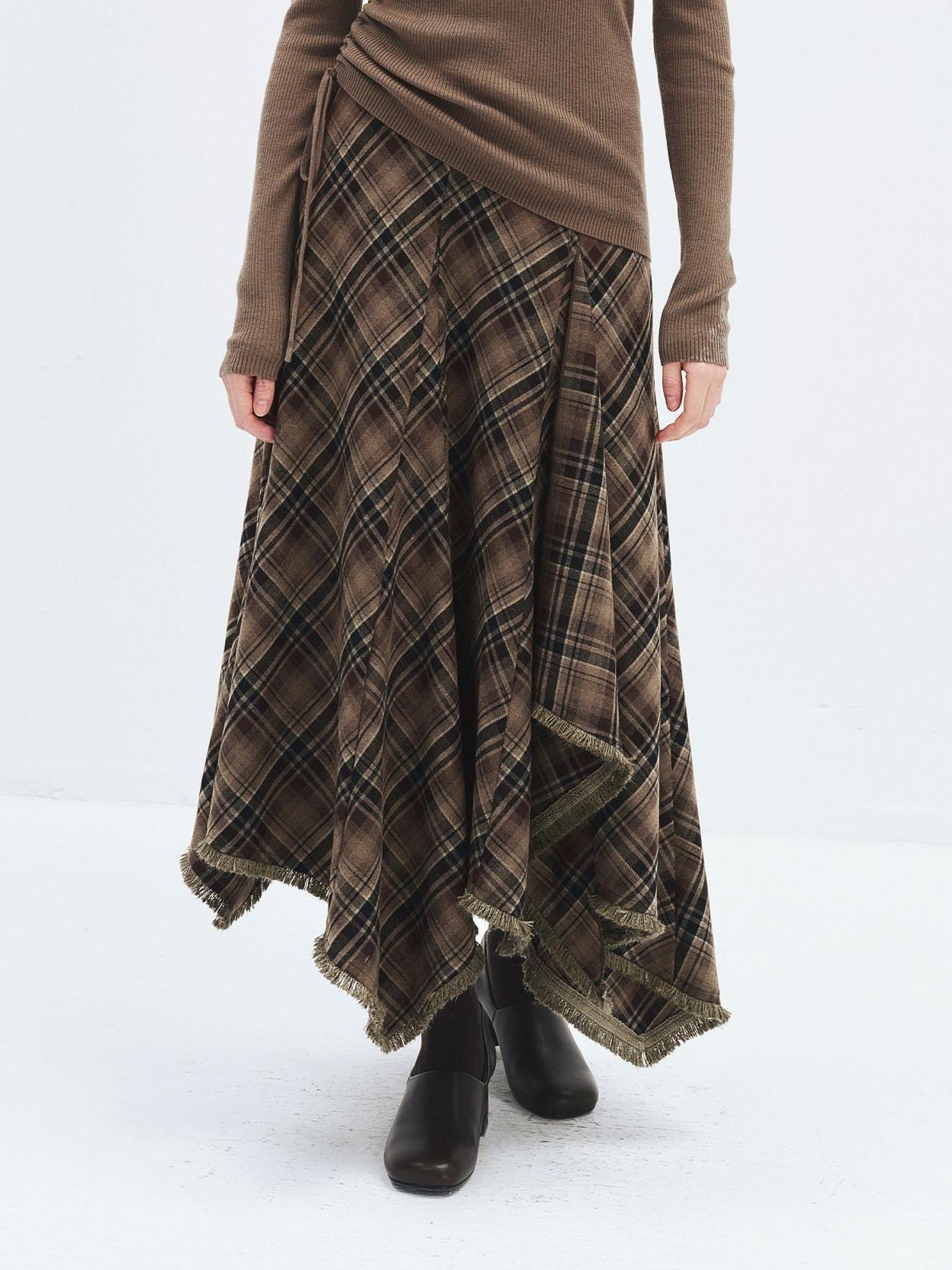 someonesometimes High Waist Vintage Irregular Hem Loose Fit Olive Check Casual Women Maxi Skirts