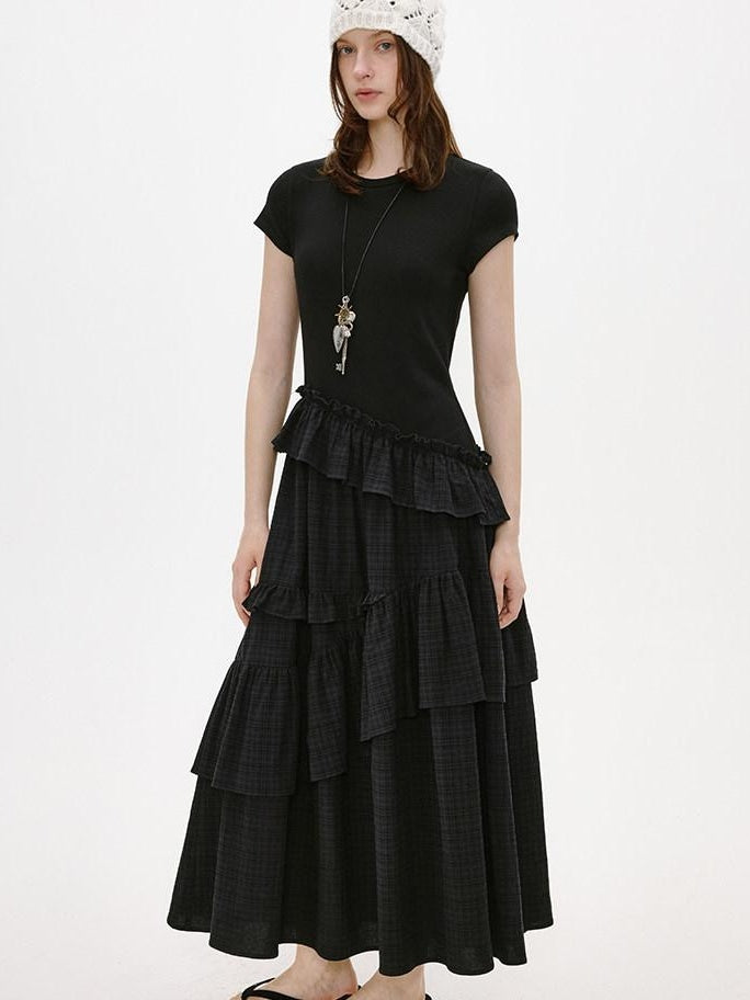fano Breathable Viscose A Line Plaid Short Sleeve Korean Commuter Casual Maxi Dresses