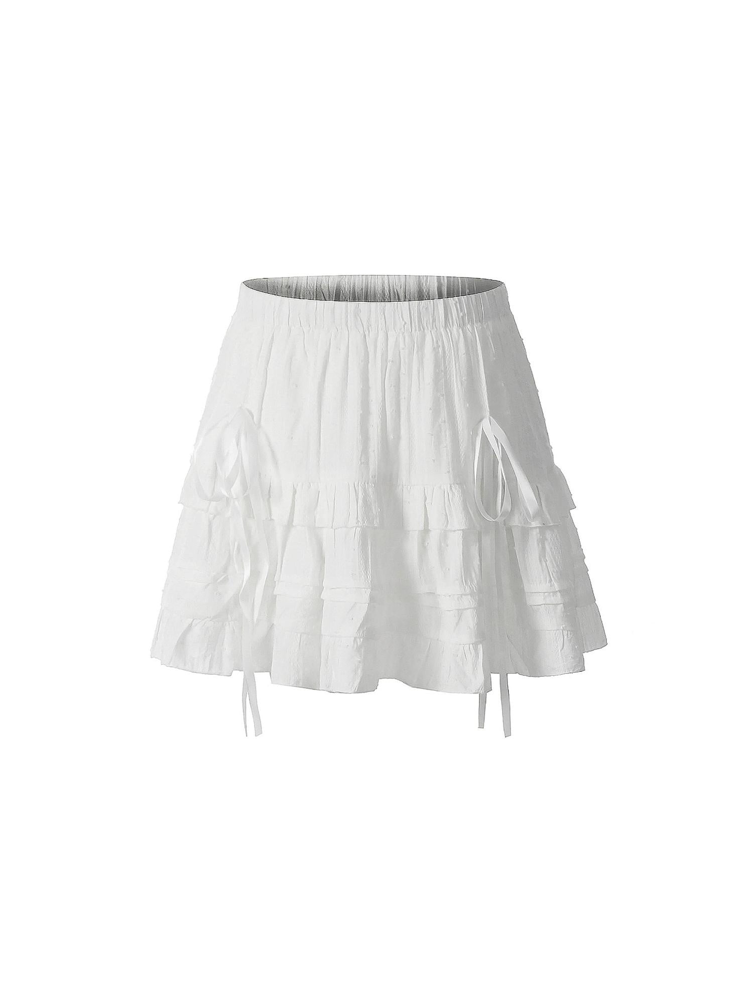 ikyou Soft Cotton Jacquard Lined A Line Puff Skirt Bow Lace Women Daily Mini Skirts