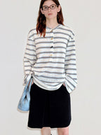 fano Cotton Blend Relaxed Loose Round Neck Women Striped Long Sleeve T-Shirts