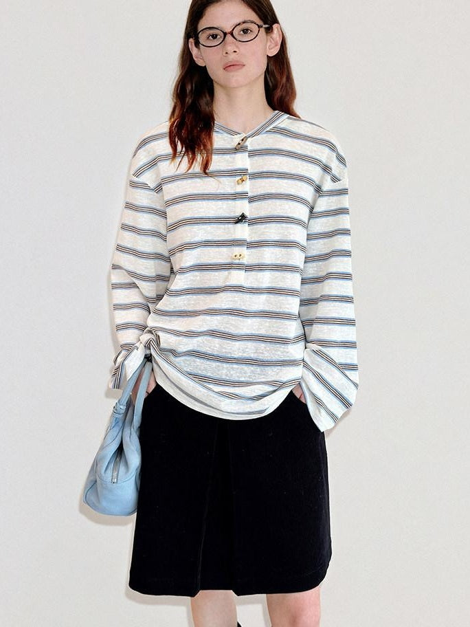fano Cotton Blend Relaxed Loose Round Neck Women Striped Long Sleeve T-Shirts