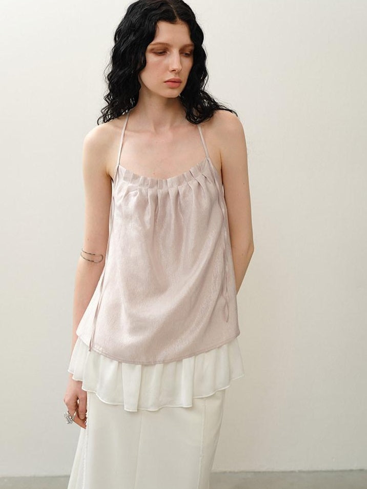 someone sometimes Original Design Ruffle Trim Loose Fit Lyocell Blend Women Solid Color Camisoles