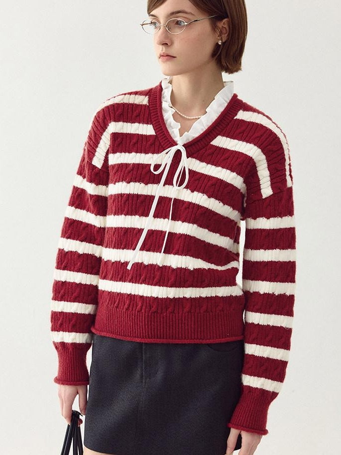 fano Ruffle Detail Loose Fit Commuter V-neck Long Sleeve Striped Women Sweaters