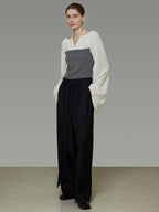 unspoken Breathable Cotton Contrast V-neck Loose Longsleeve Tie Front Women Blouses