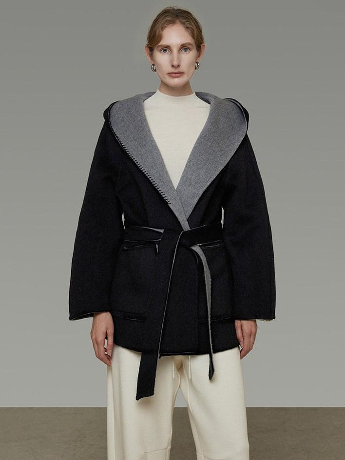 unspoken Minimal Commute Relaxed Fit Hooded Tie Waist Sculpted Cut Black Gray Wool Coats