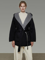 unspoken Minimal Commute Relaxed Fit Hooded Tie Waist Sculpted Cut Black Gray Wool Coats