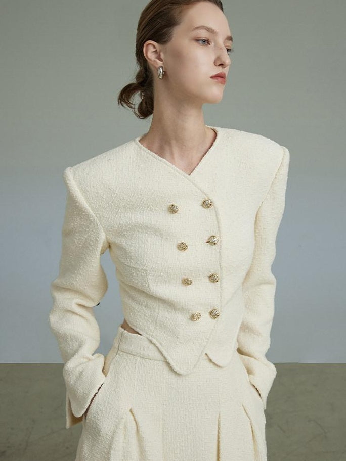 unspoken Original Design Double Breasted Cream Straight Fit Long Sleeve Top & Skirt Sets